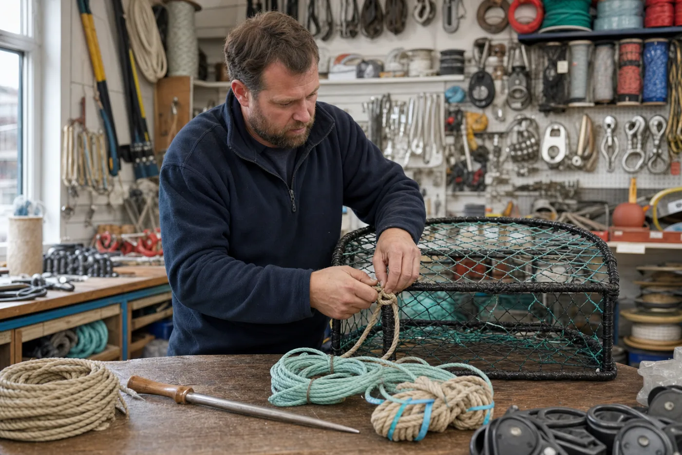 A chandler rigging a lobster pot on a shop counter